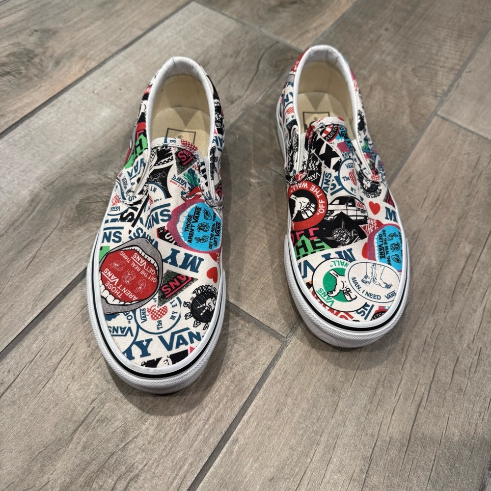 Vans Graphic Slip-On Sneakers with Red and Blue Accents